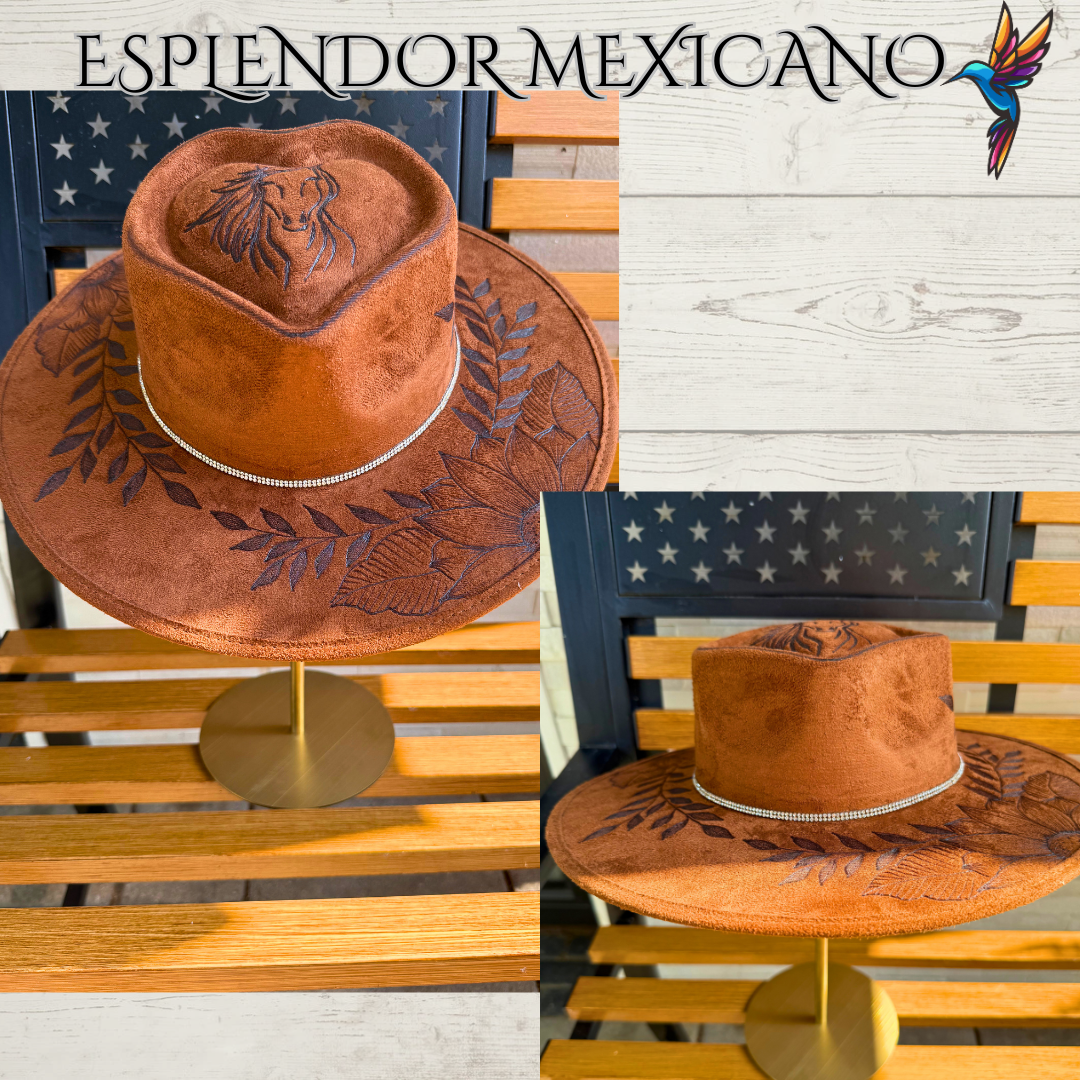 🤎 Hand-Burned Cowgirl Hat – Horse & Floral Design