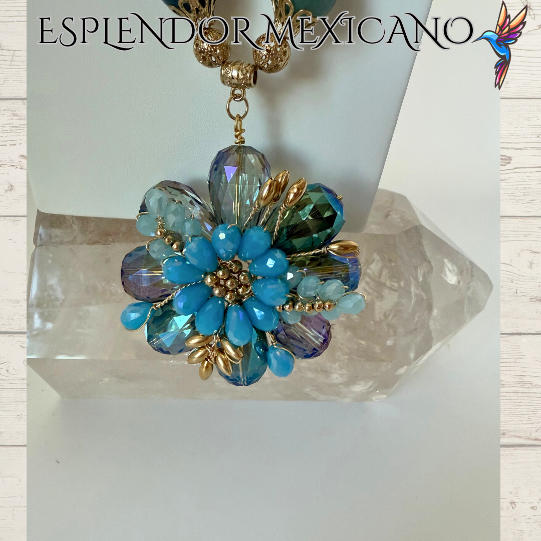 💙 Golden Handmade Necklace with Blue & Turquoise Gemstones – Artisan Jewelry from Mexico