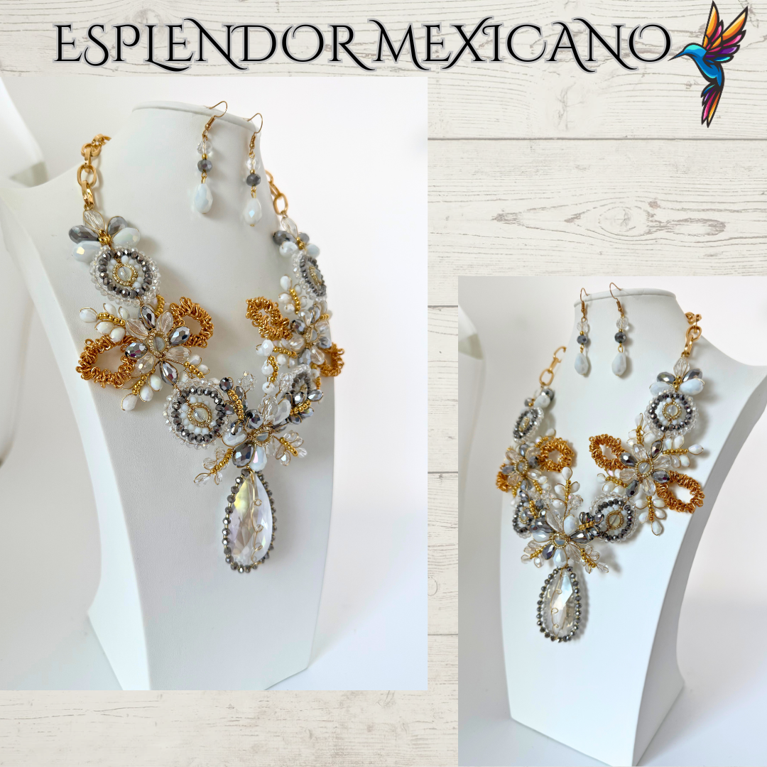 🤍✨ White & Gold Tear Drop Beaded Necklace Set – Handmade in Mexico