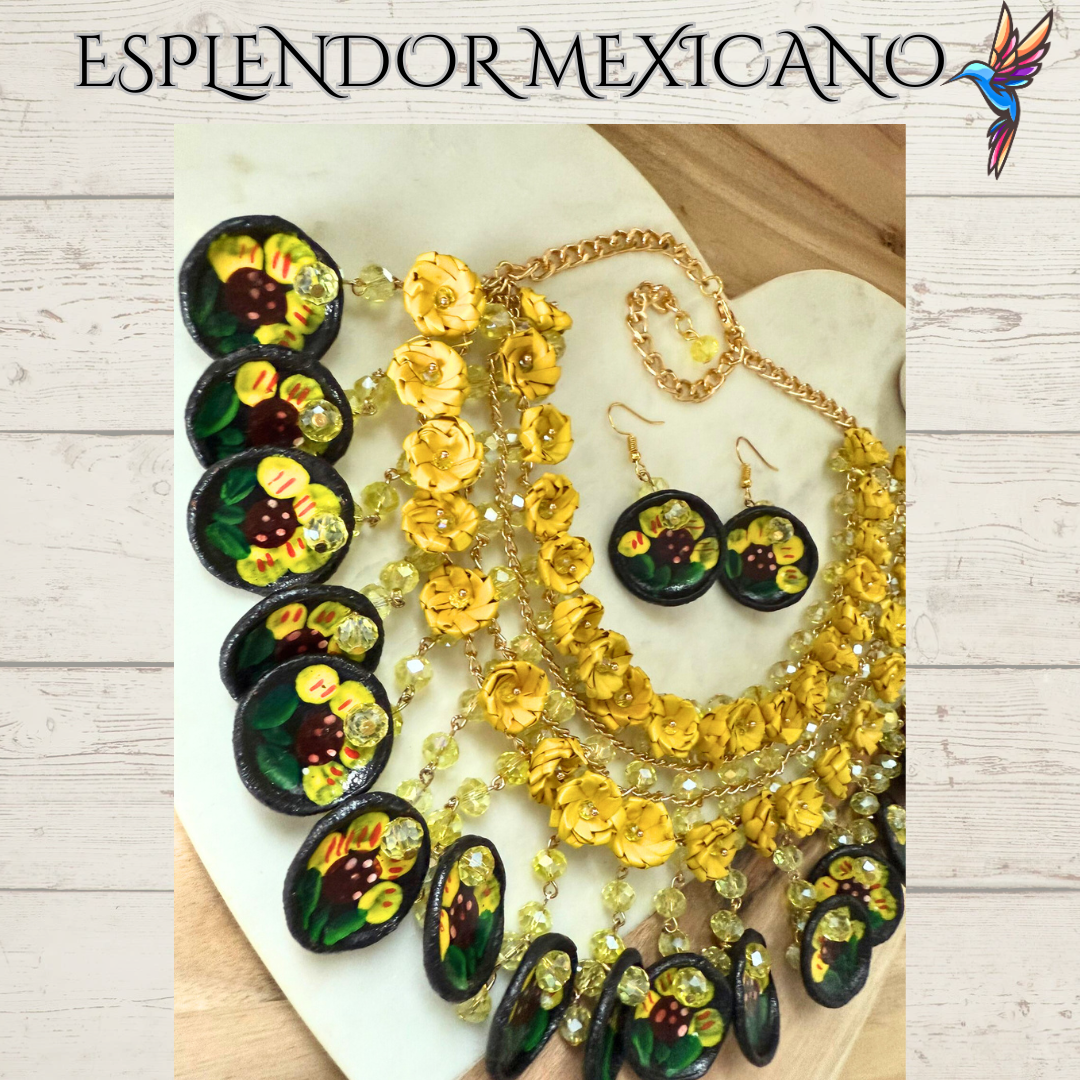 🌸 Fiesta Dreams Statement Necklace Set – Hand-Painted Talavera & Palm