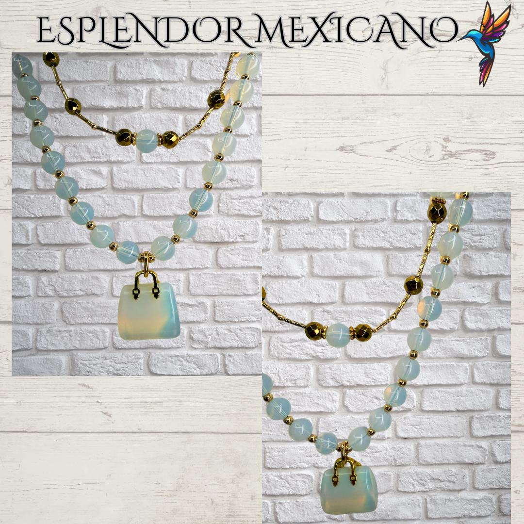 Mexican handmade Moonstone Necklace Set/Natural Stone Healing Crystal Spiritual Protection Gift/ Beaded Stone Necklace /Health benefit stone