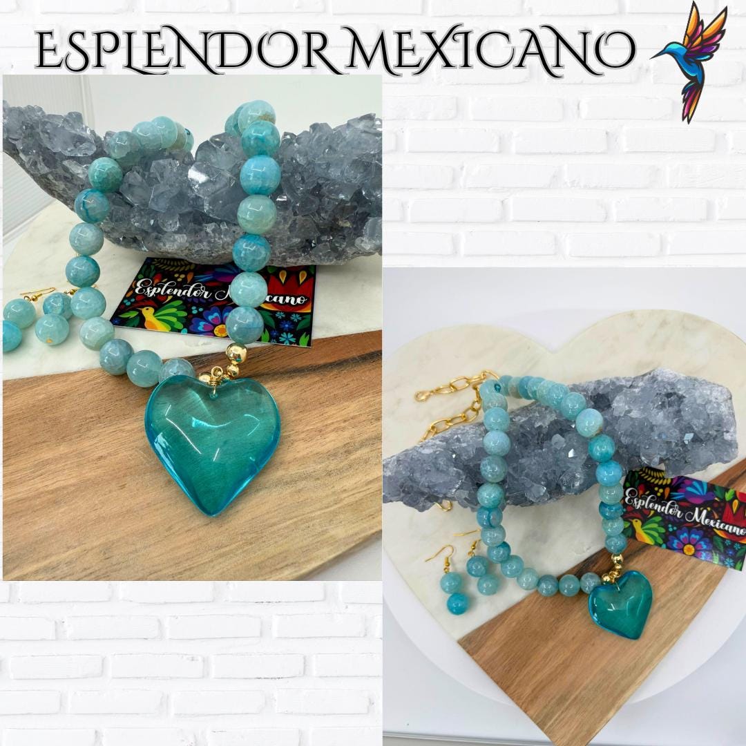 Mexican handmade Blue Agate Heart Necklace / Natural Stone Healing Crystal Spiritual Protection Gift / Glass heart / Beaded Stone Necklace