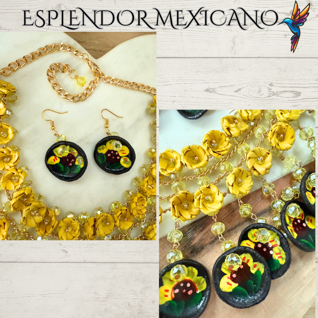 🌸 Fiesta Dreams Statement Necklace Set – Hand-Painted Talavera & Palm