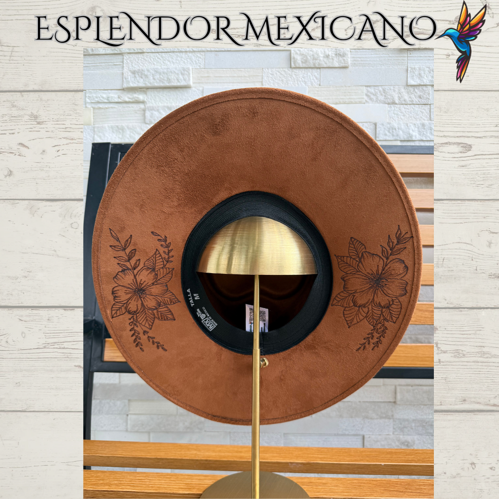 🤎 Hand-Burned Suede Cowgirl Hat – Bird & Floral Design