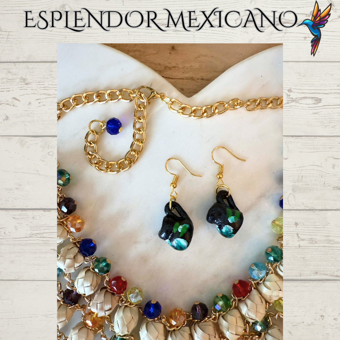 🌈 Colorful Jarritos Statement Necklace Set – Palm, Talavera Clay & Beads