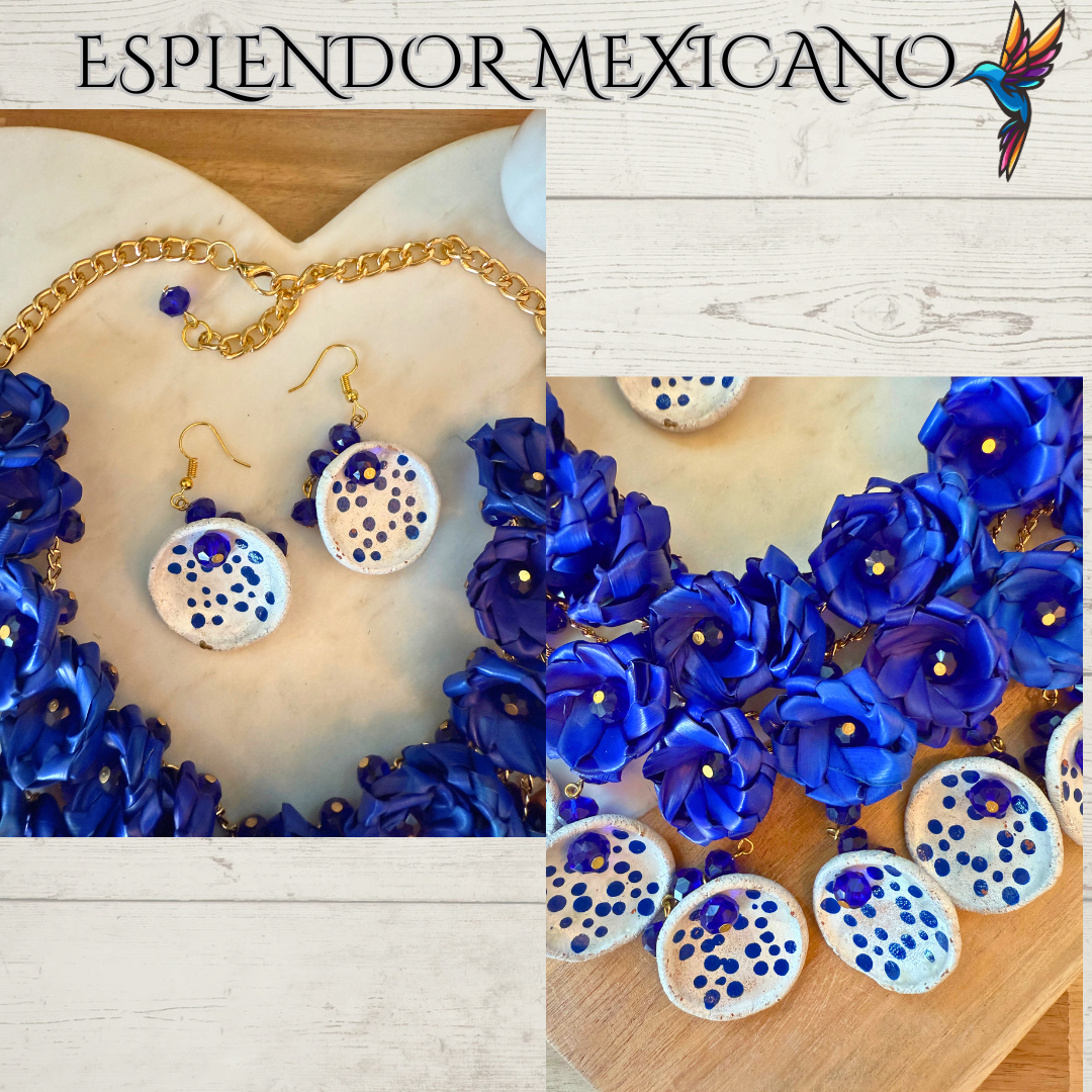 💙🤍 Fiesta Dreams Statement Necklace Set – Talavera Clay, Palm & Glass Beads