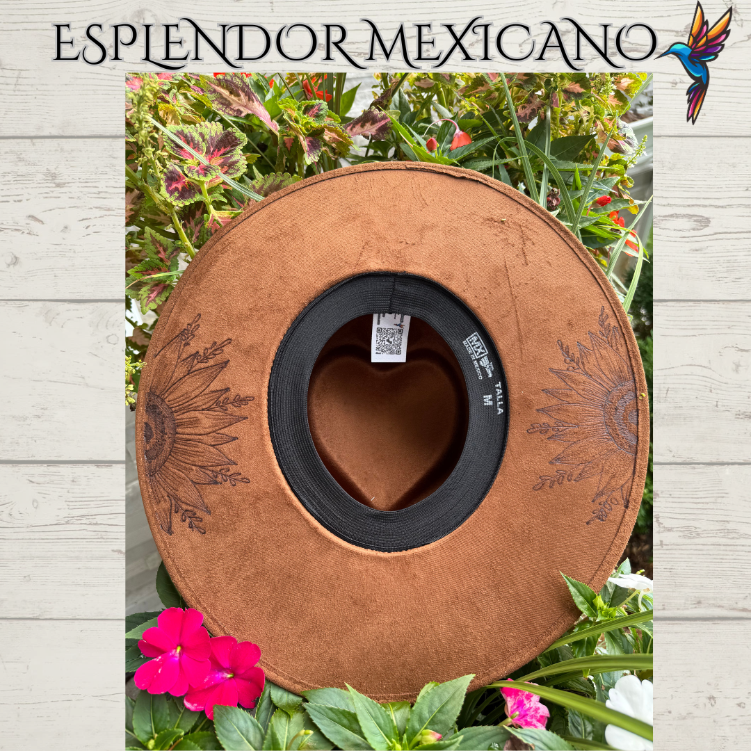 🤎 Hand-Burned Suede Cowgirl Hat – Horse, Flowers & Mountains