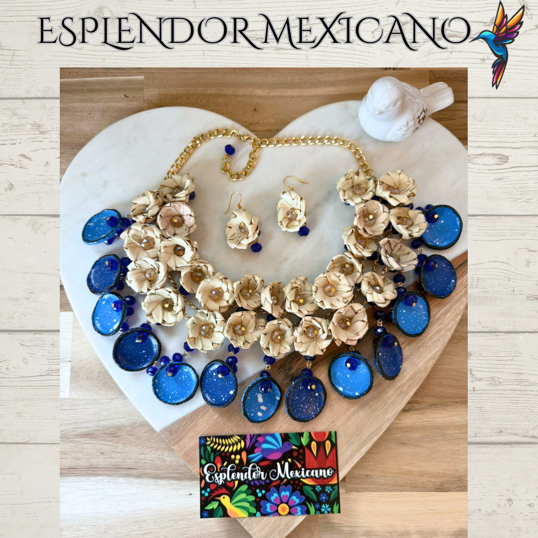 🌸 Fiesta Dreams Statement Necklace Set – Hand-Painted Talavera & Palm
