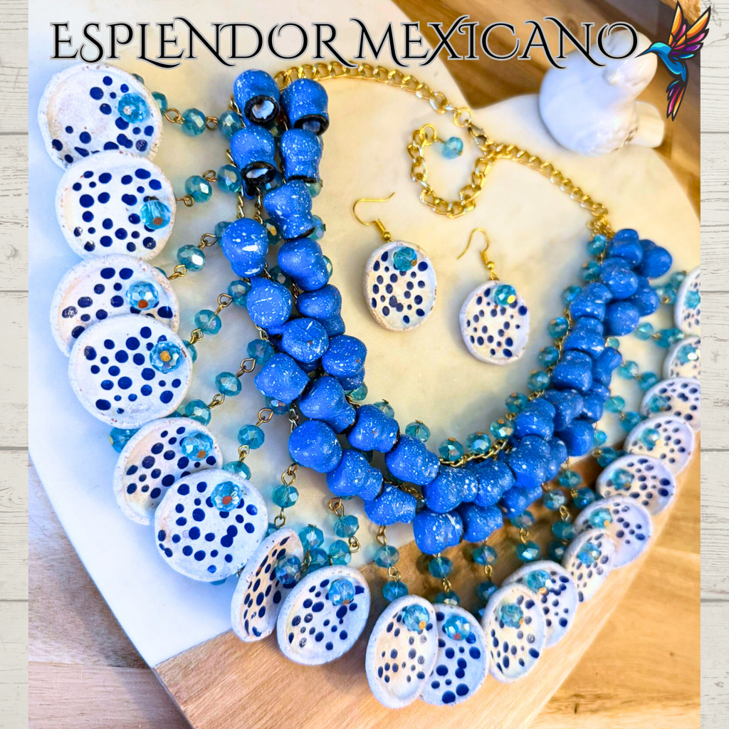 💙🩵 Fiesta Dreams Statement Necklace Set – Talavera Clay Jarritos, Platitos & Glass Beads