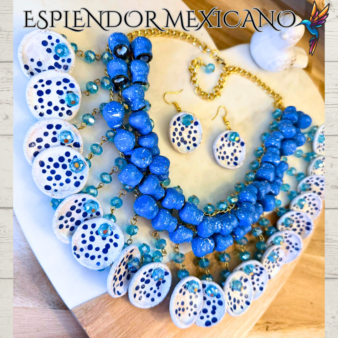 💙🩵 Fiesta Dreams Statement Necklace Set – Talavera Clay Jarritos, Platitos & Glass Beads