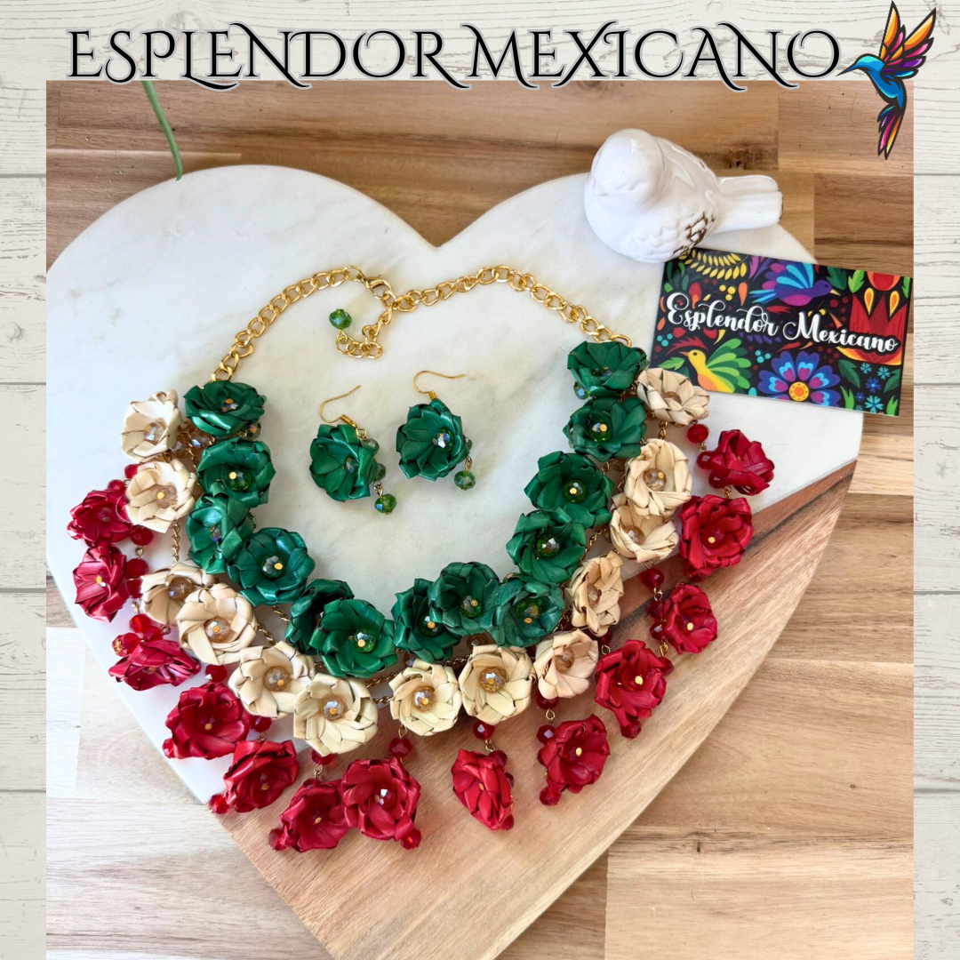 ❤️🤍💚💙 Rosalía Bloom Statement Necklace Set – Handmade Palm & Glass Beads