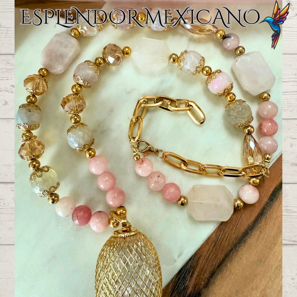 Mexican handmade Rose Pink Quartz Necklace Set/Natural Stone Healing Crystal Spiritual Protection Gift/Glass Charm Pendant/ Stone Necklace