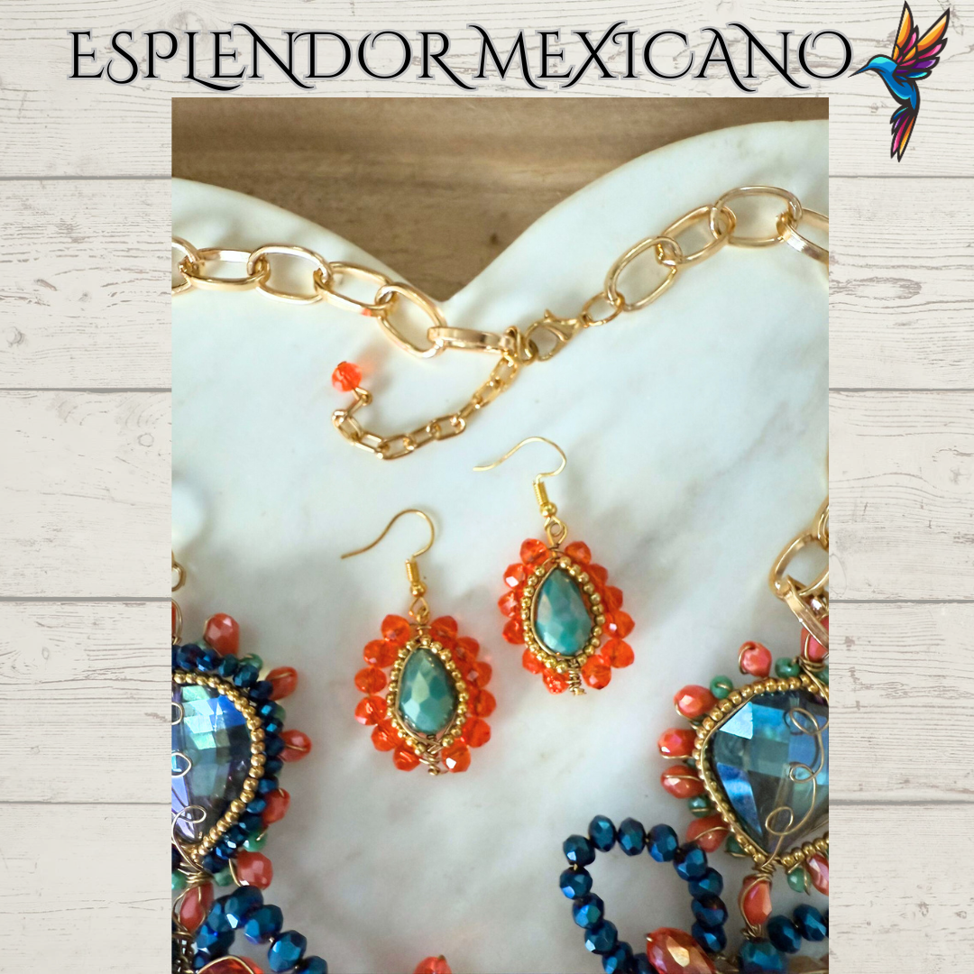 🧡💙 Floral Heart Necklace Set – Handmade in Mexico