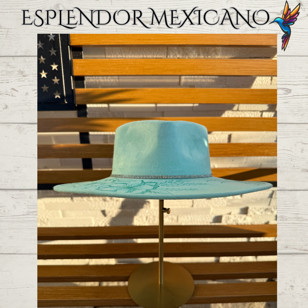 🩵 Handcrafted Suede Cowgirl Hat – Skull & Flower Design Heart-Shaped Crown