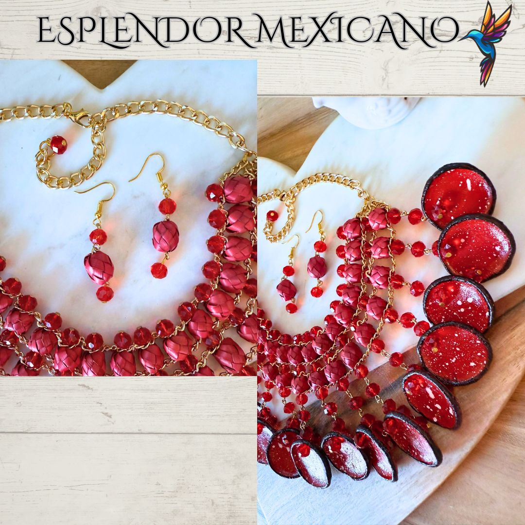 ❤️ Fiesta Dreams Statement Necklace Set – Talavera Clay Platitos, Palm & Glass Beads