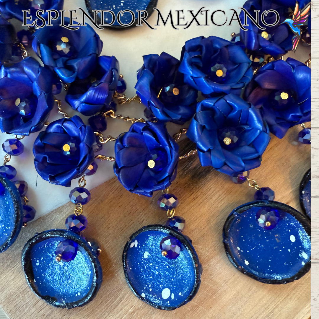 💎💙 Bold Blue Heritage Necklace Set – Mexican Talavera & Palm Craft
