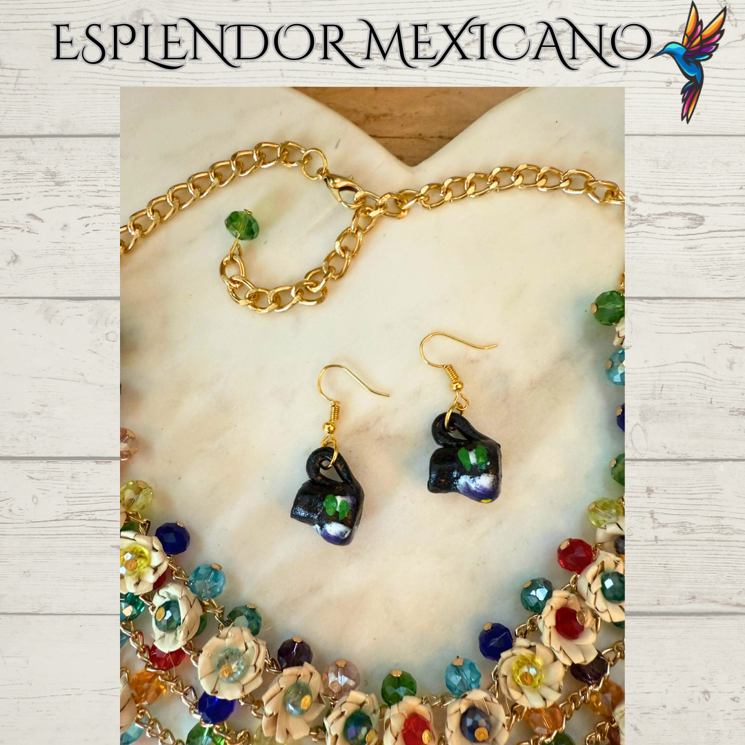 🌸 Fiesta Dreams Statement Necklace Set – Hand-Painted Jarritos, Palm & Beads