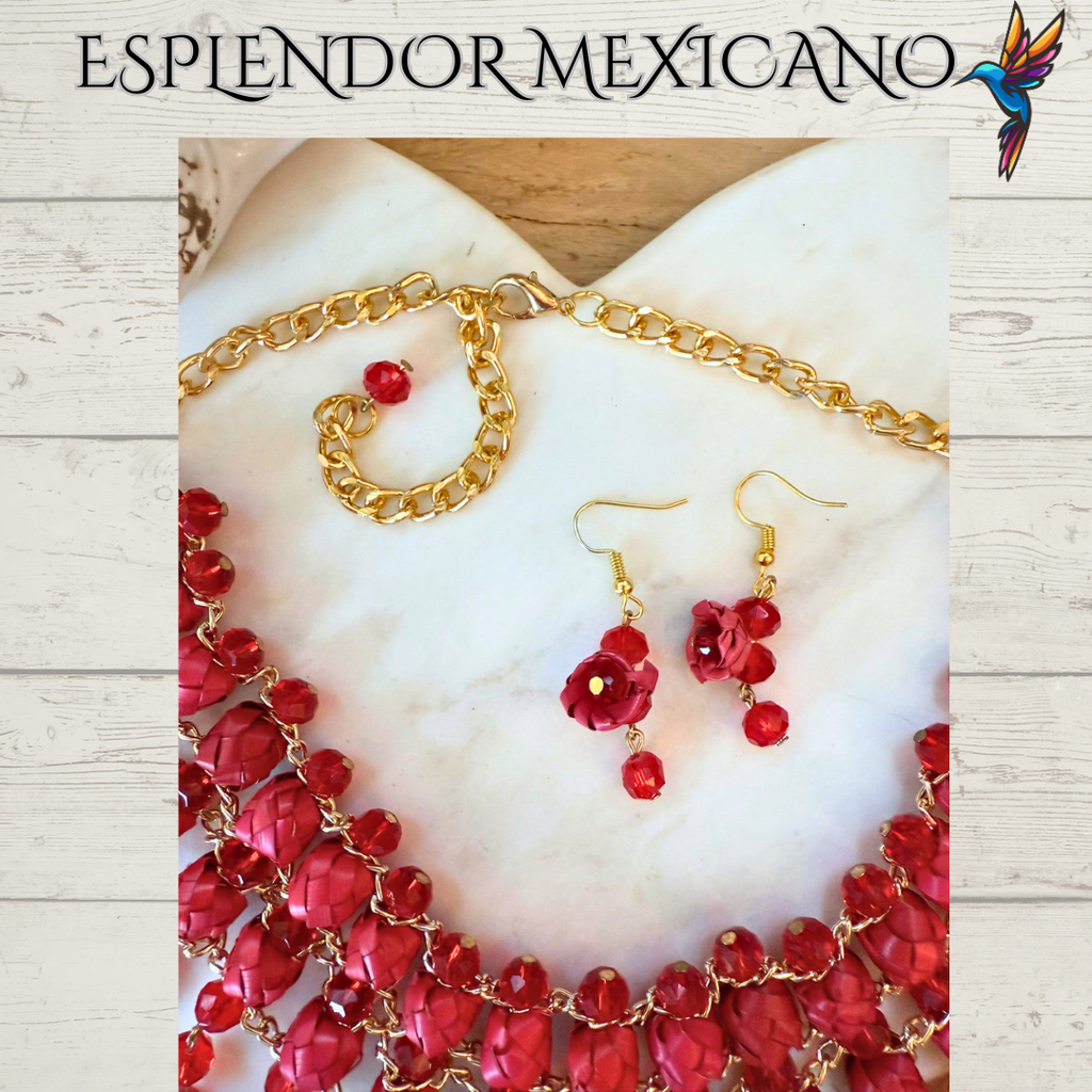 ❤️ Cascada Roja Statement Necklace Set – Hand-Painted Palm & Beads