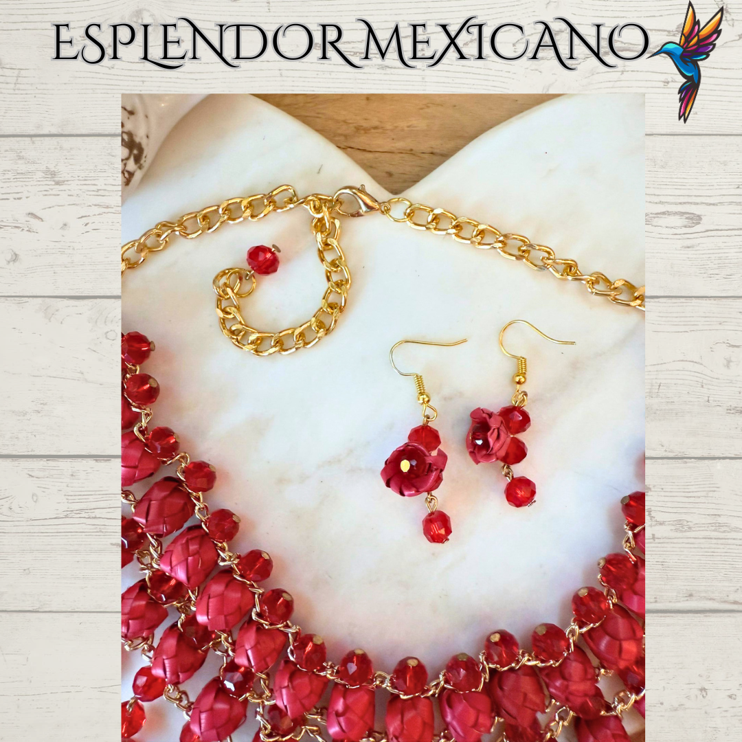 ❤️ Cascada Roja Statement Necklace Set – Hand-Painted Palm & Beads