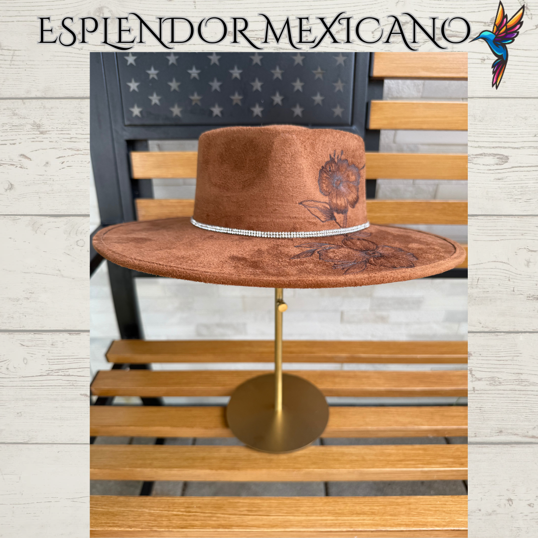 🤎 Hand-Burned Suede Cowgirl Hat – Hummingbird & Floral Design