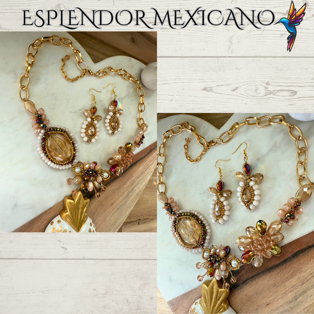 💛✨ Nude Floral Heart Necklace Set – Handmade in Mexico