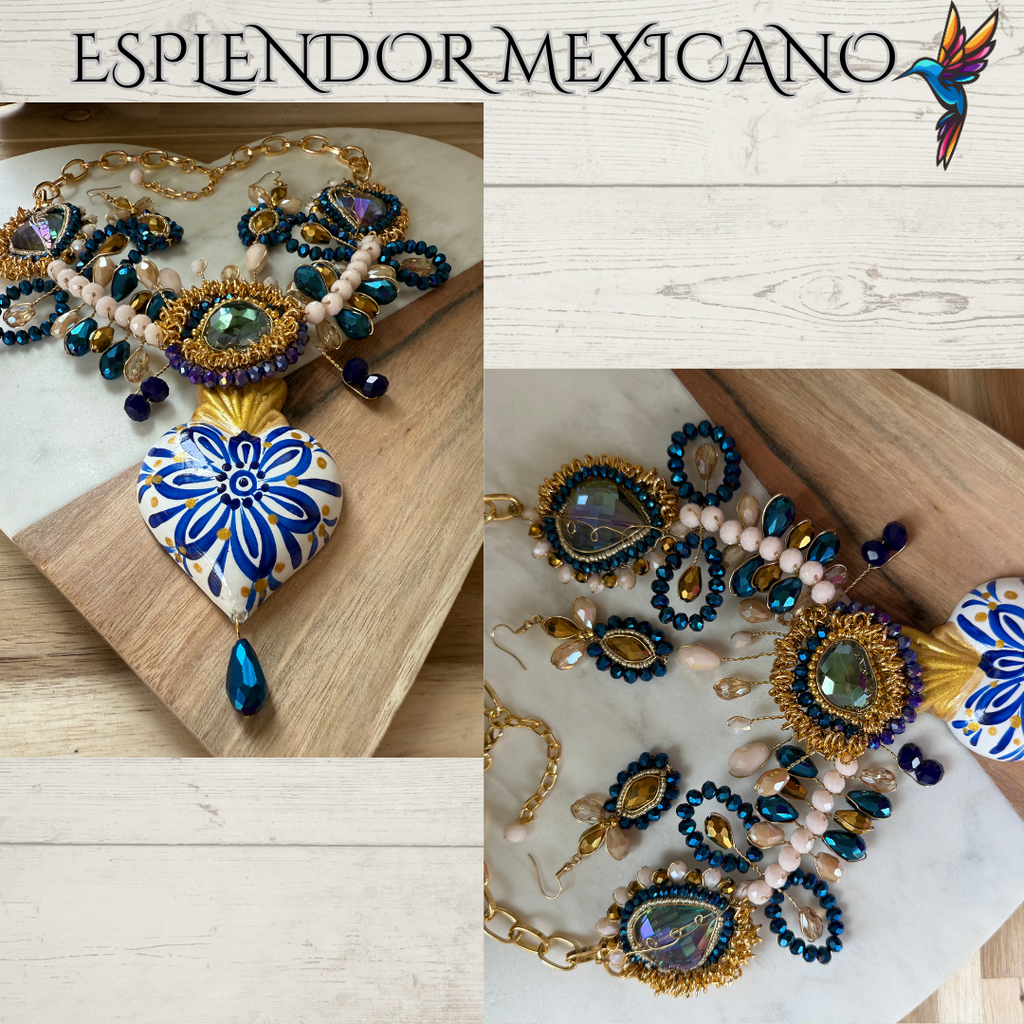 💙 Blue & Gold Ceramic Heart Necklace Set – Handmade