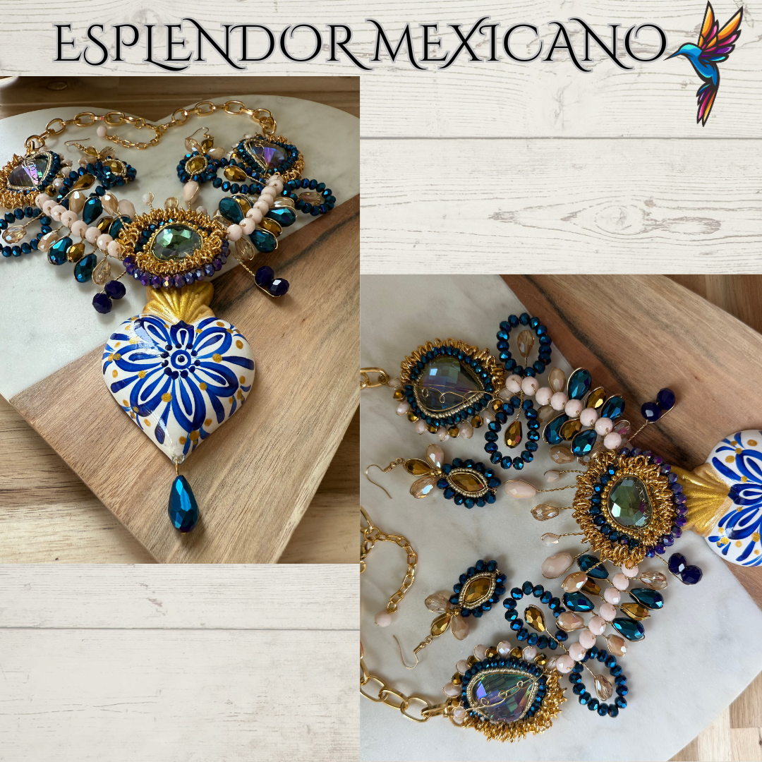 💙 Blue & Gold Ceramic Heart Necklace Set – Handmade
