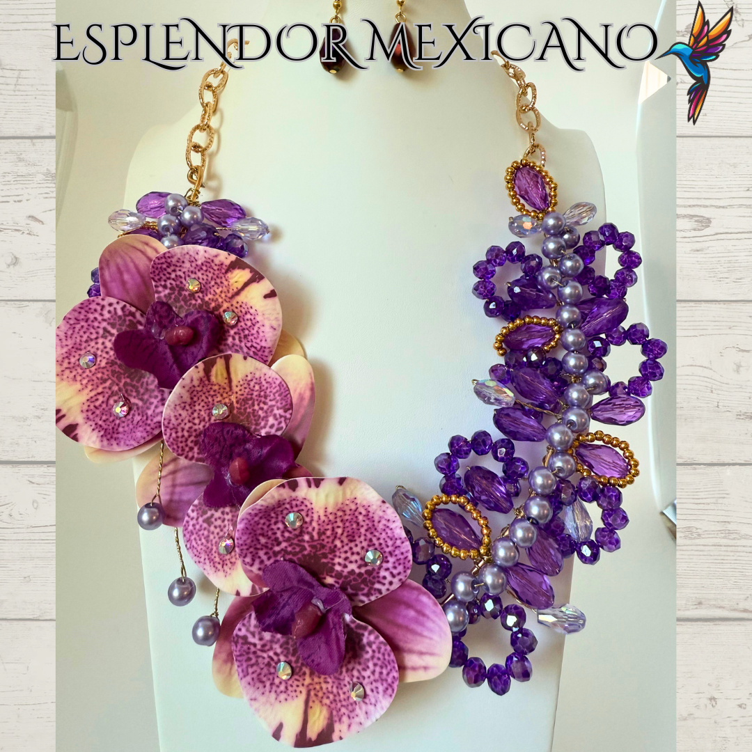 🌸 Orchid Statement Necklace Set – Handmade in Mexico