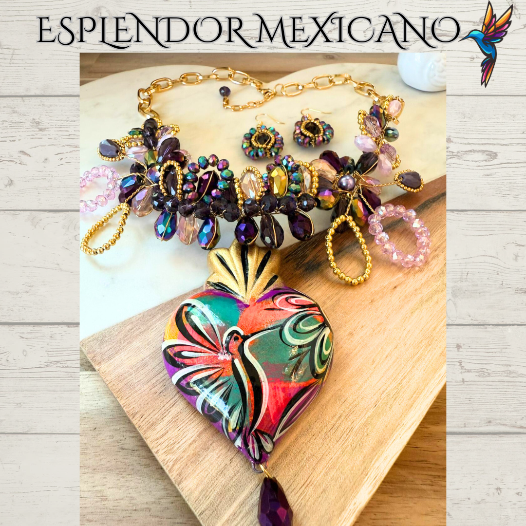 💜💛 Floral Heart Necklace Set – Hand-Painted Ceramic & Beads | Handmade in Mexico