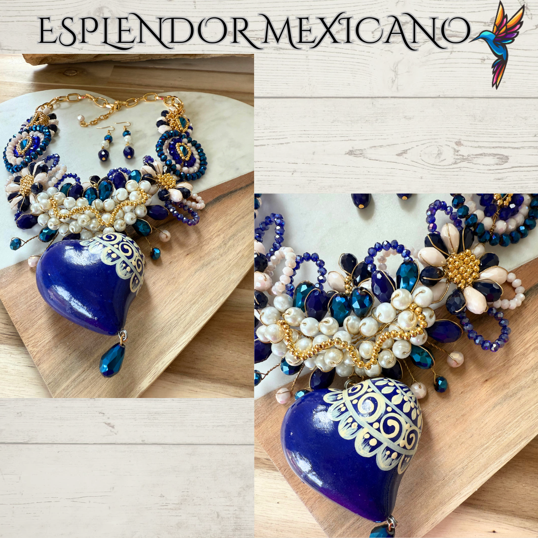 Mexican handmade Beaded Necklace Set with Hand Painted Ceramic Heart