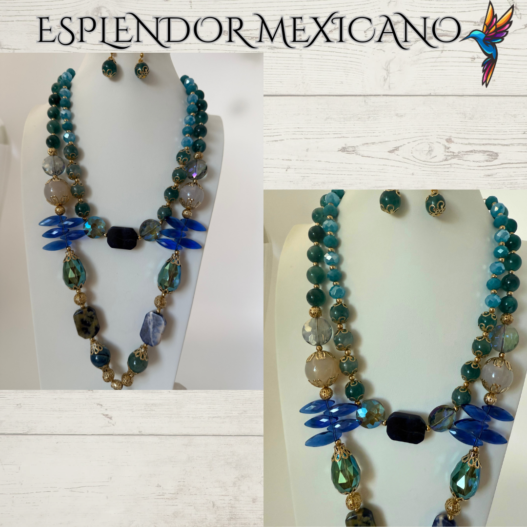 💙 Golden Handmade Necklace with Blue & Turquoise Gemstones – Artisan Jewelry from Mexico