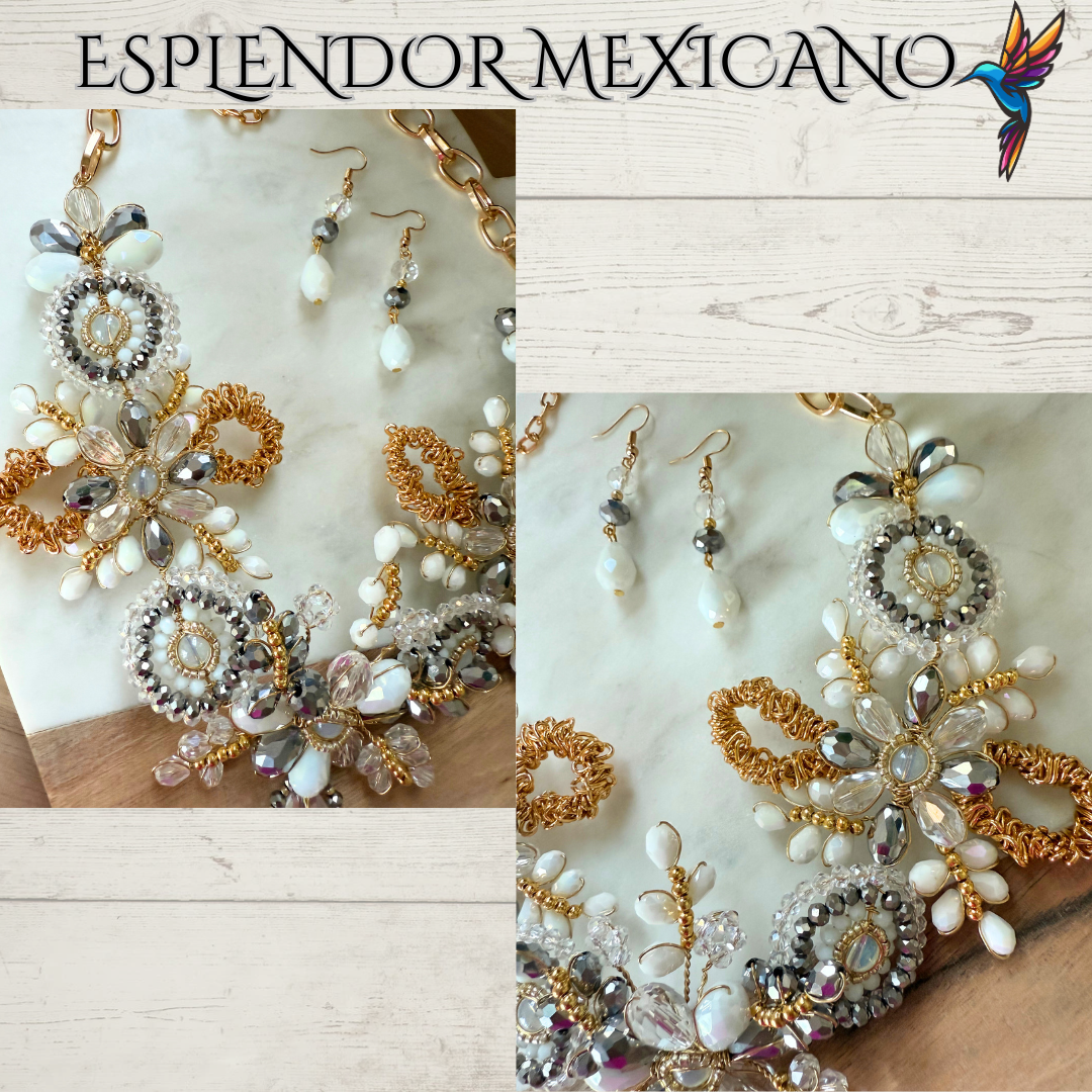 🤍✨ White & Gold Tear Drop Beaded Necklace Set – Handmade in Mexico