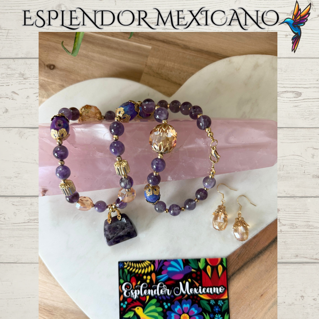💜 Amethyst & Agate Purse Charm Necklace – Handmade in Mexico