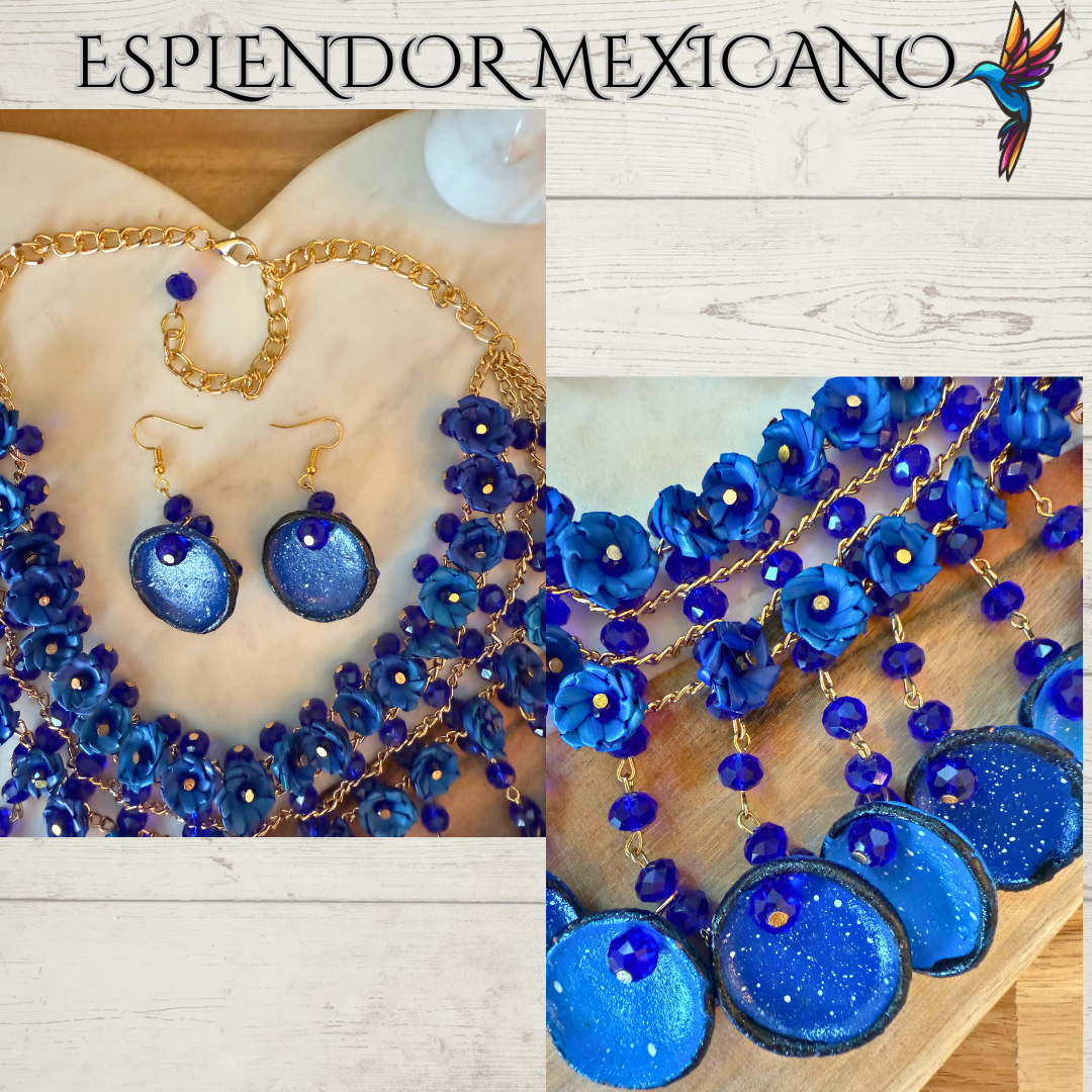 💙 Fiesta Dreams Statement Necklace Set – Talavera Clay, Palm & Glass Beads