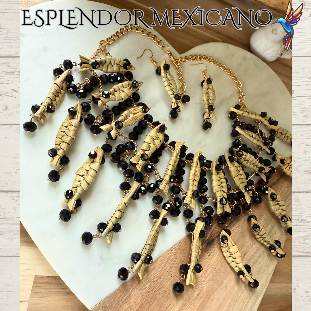 Mexican Artisanal Palm Fish Necklace Jewelry Set with Glass Beads