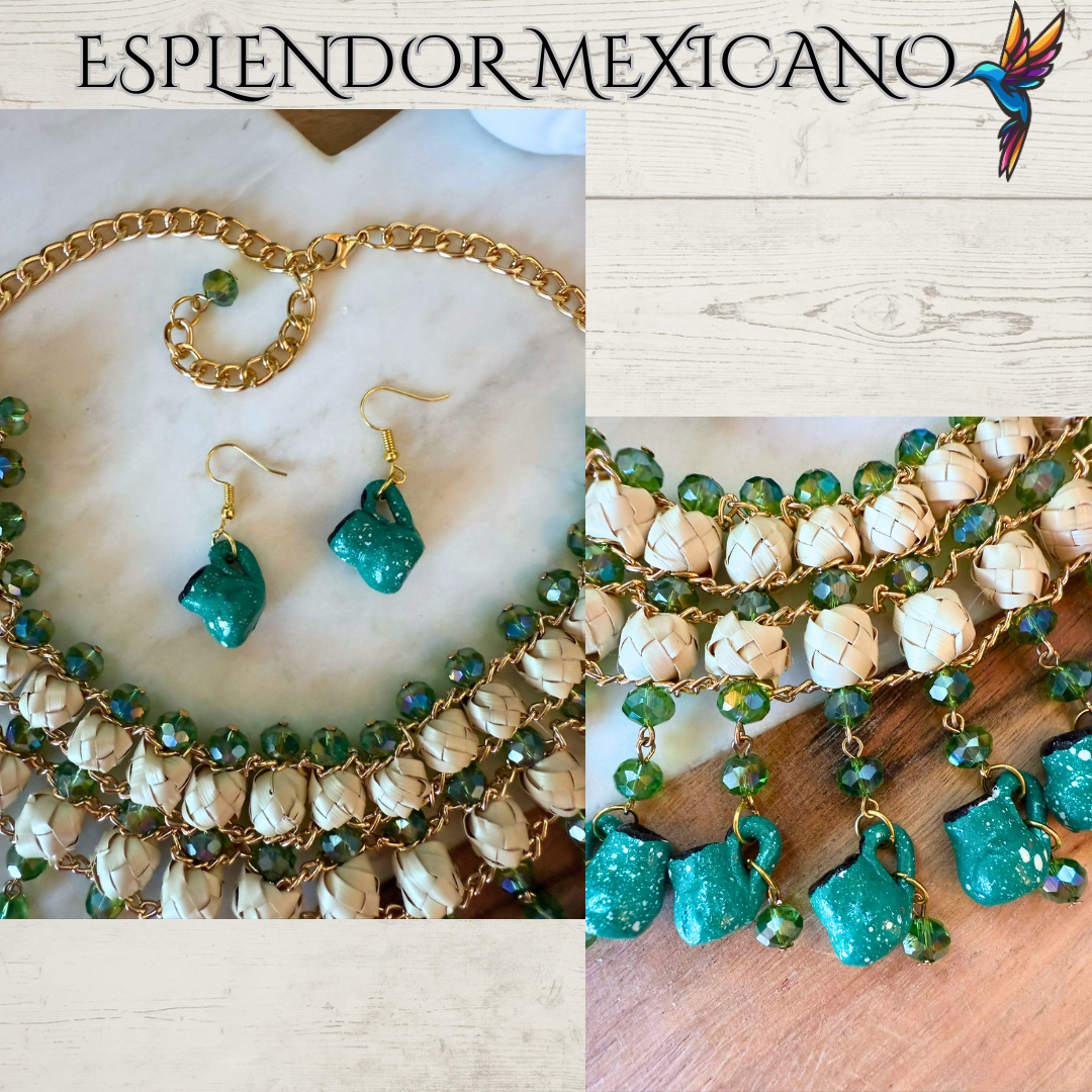 💚 Fiesta Dreams Statement Necklace Set – Talavera Clay Platitos, Palm & Beads