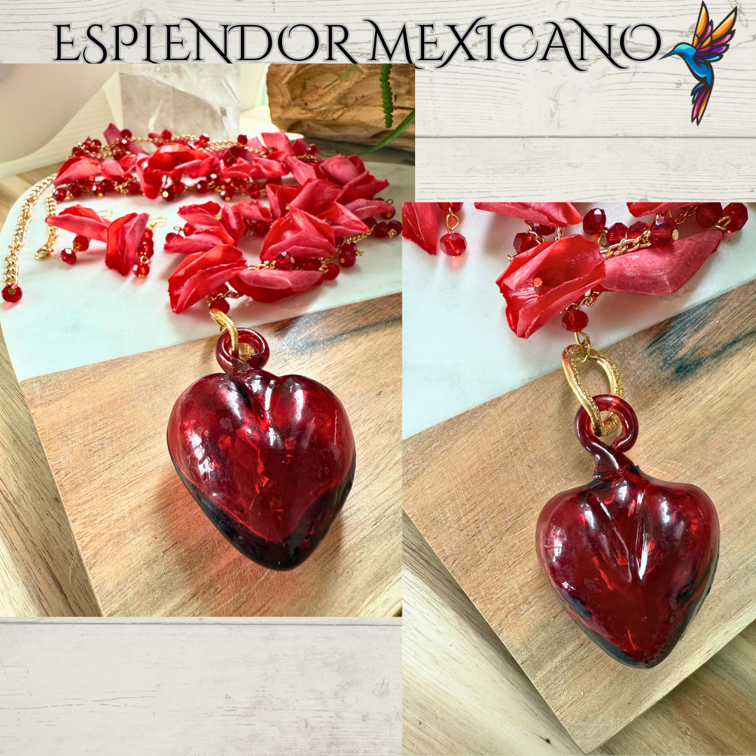 ❤️‍🔥 Handmade Fish Scale & Handblown Glass Heart Necklace Set