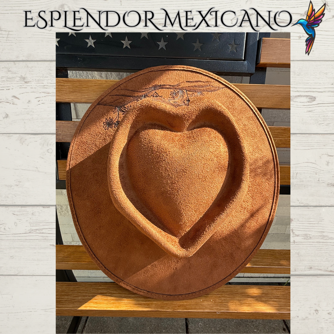 🤎 Hand-Burned Horse & Mountain Cowgirl Hat – Suede Heart Shape