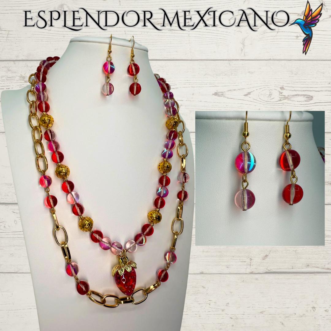 Mexican handmade Strawberry Electrified Quartz Necklace / Natural Stone Healing Crystal Spiritual Protection Gift  / Beaded Stone Necklace