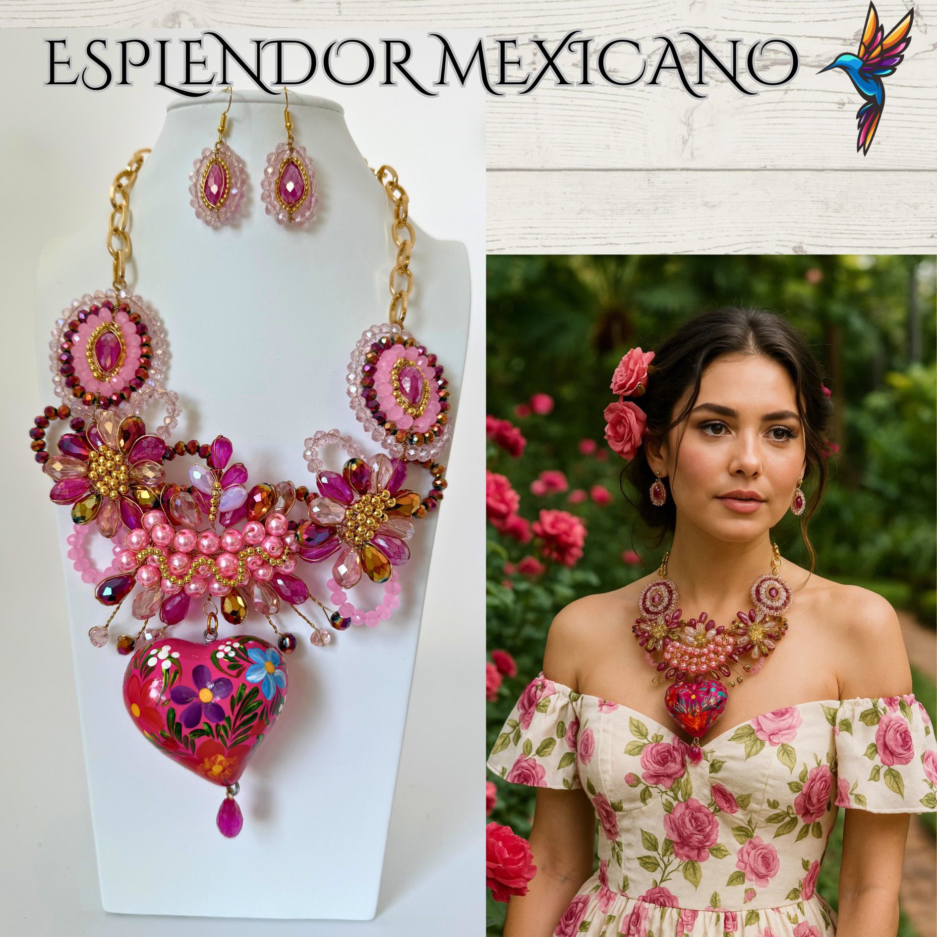 💕 Hand-Painted Pink Floral Necklace Set – Clay Heart Pendant & Earrings