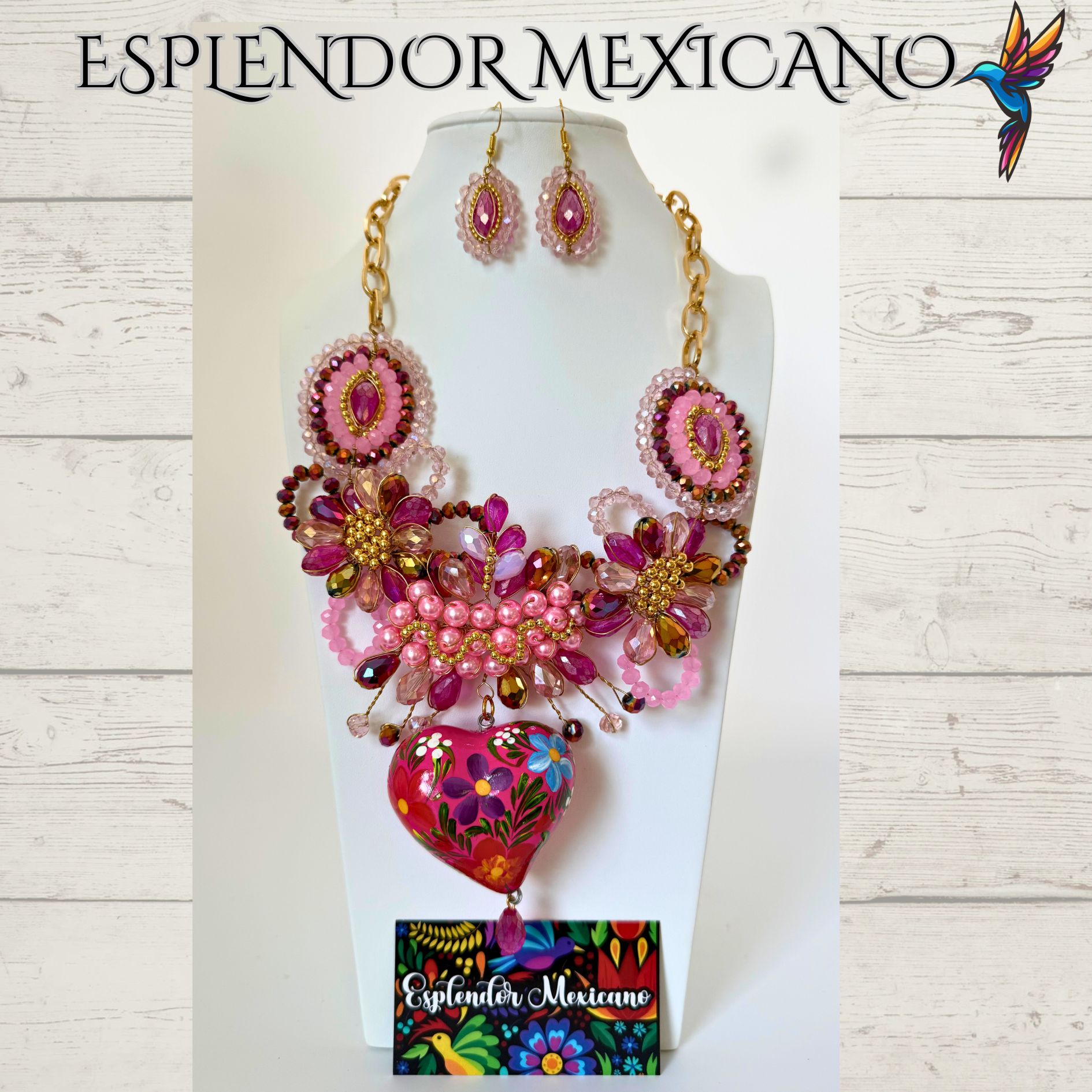 💕 Hand-Painted Pink Floral Necklace Set – Clay Heart Pendant & Earrings