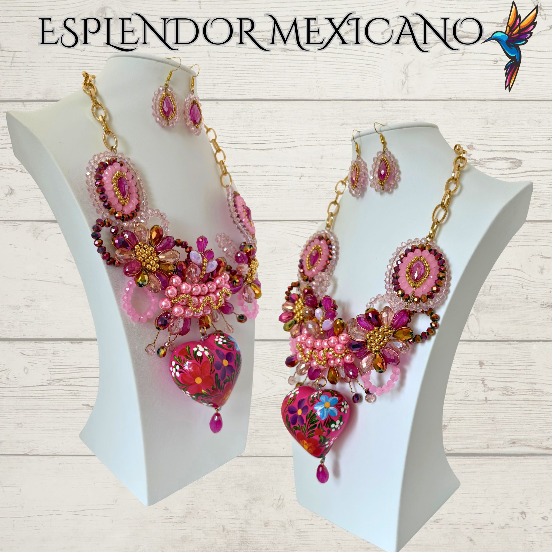 💕 Hand-Painted Pink Floral Necklace Set – Clay Heart Pendant & Earrings