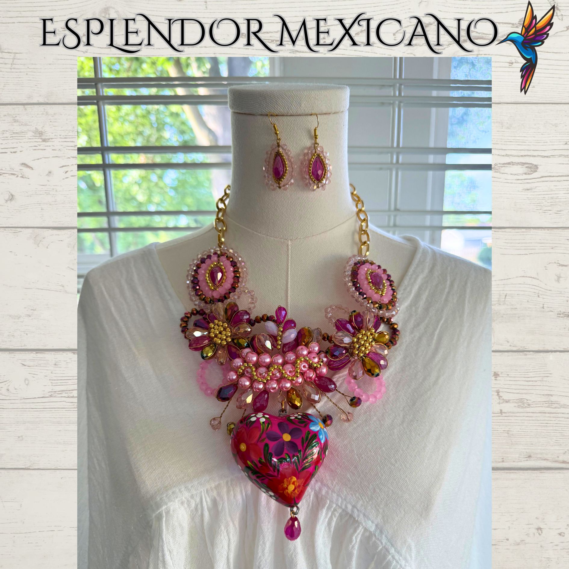 💕 Hand-Painted Pink Floral Necklace Set – Clay Heart Pendant & Earrings