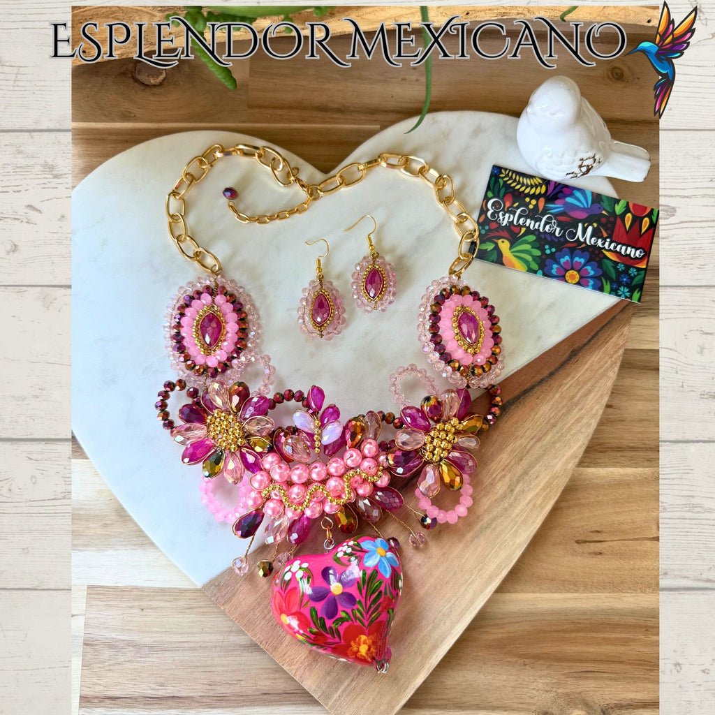 💕 Hand-Painted Pink Floral Necklace Set – Clay Heart Pendant & Earrings