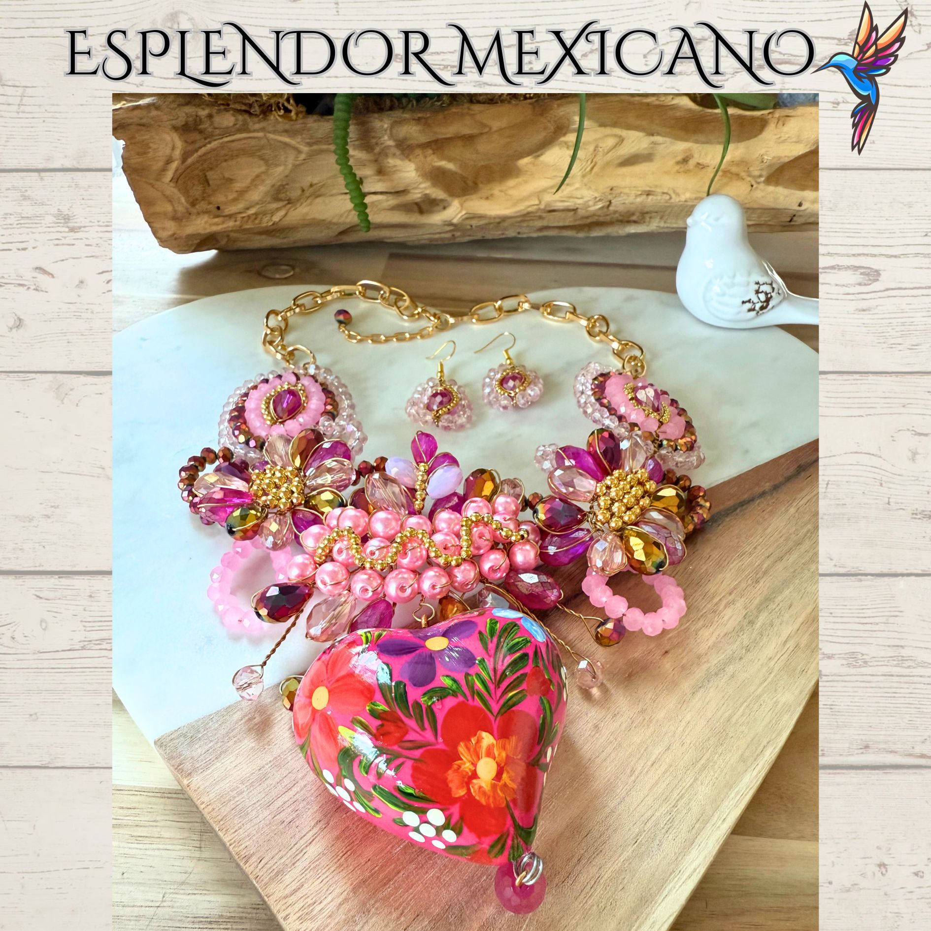 💕 Hand-Painted Pink Floral Necklace Set – Clay Heart Pendant & Earrings