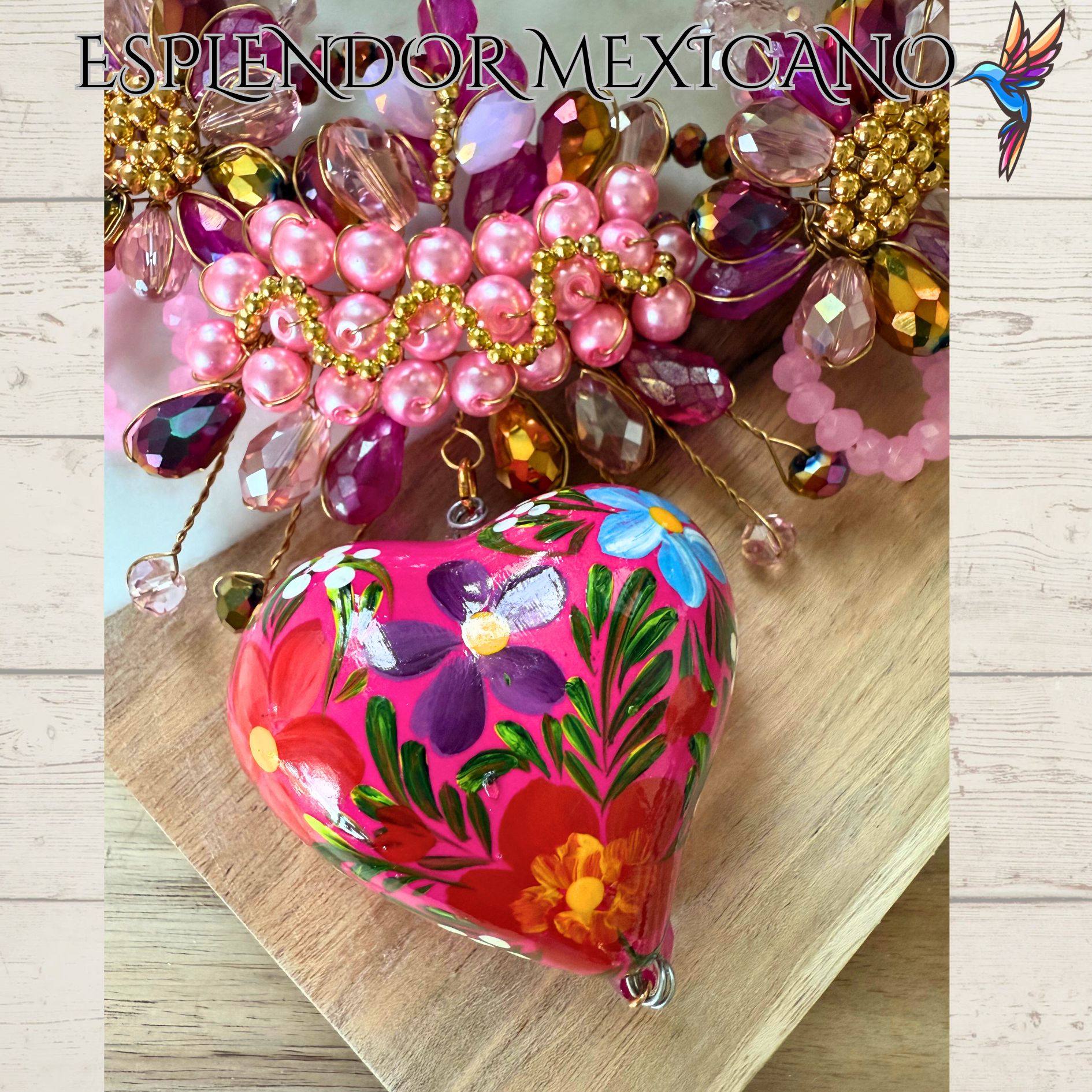 💕 Hand-Painted Pink Floral Necklace Set – Clay Heart Pendant & Earrings