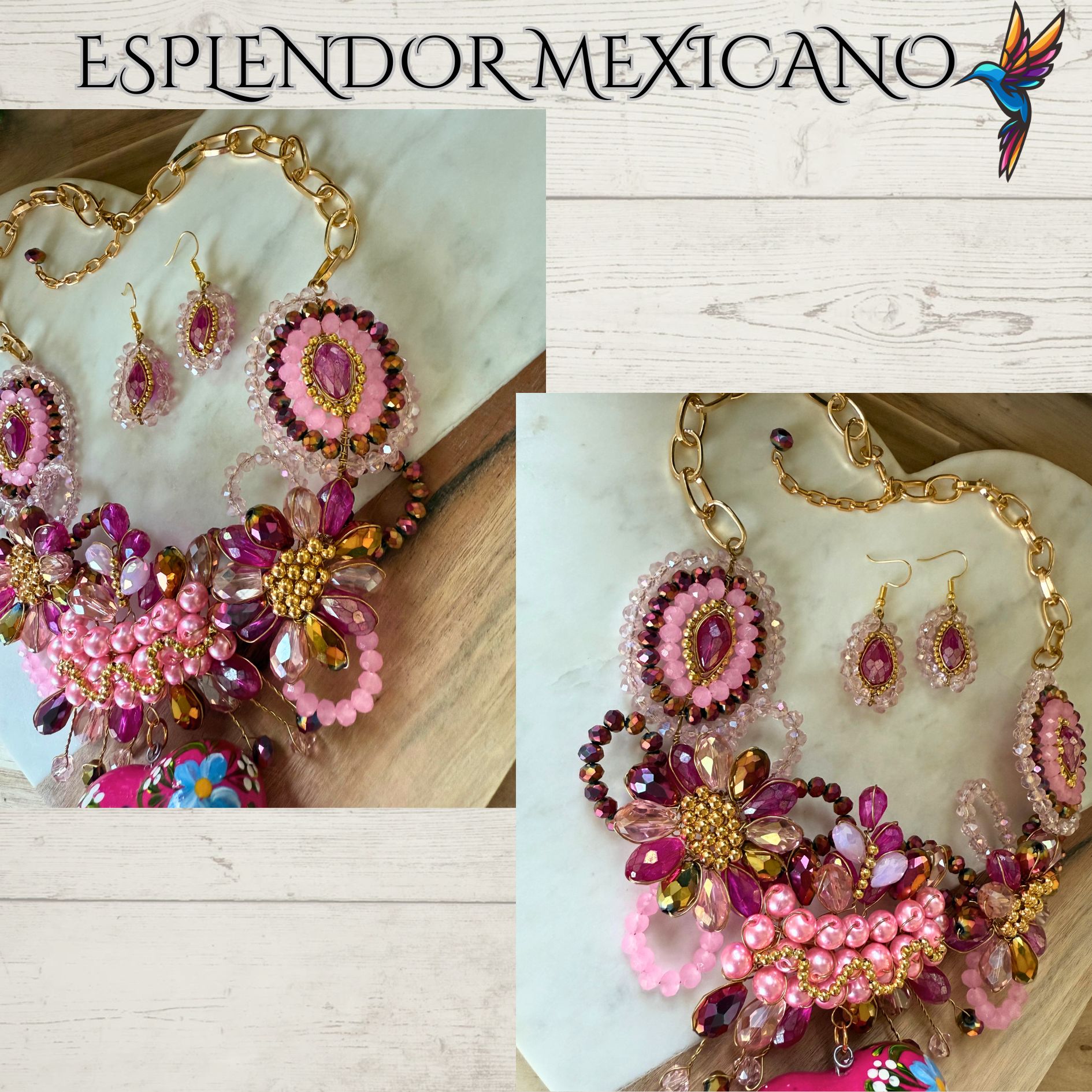 💕 Hand-Painted Pink Floral Necklace Set – Clay Heart Pendant & Earrings
