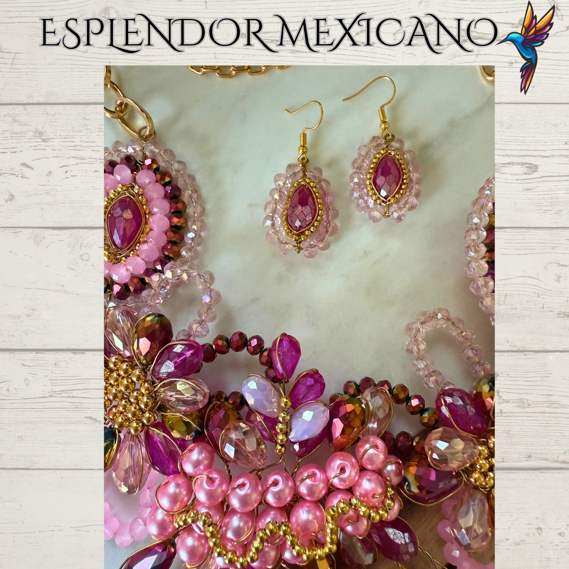 💕 Hand-Painted Pink Floral Necklace Set – Clay Heart Pendant & Earrings