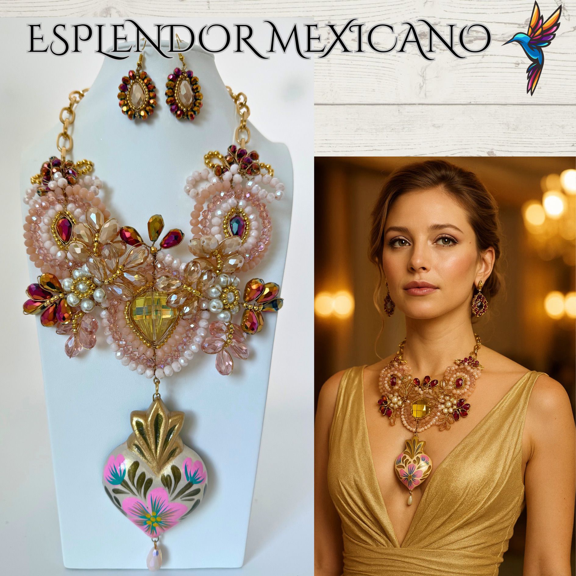 💐 Nude & Golden Floral Necklace Set – Handmade in Mexico