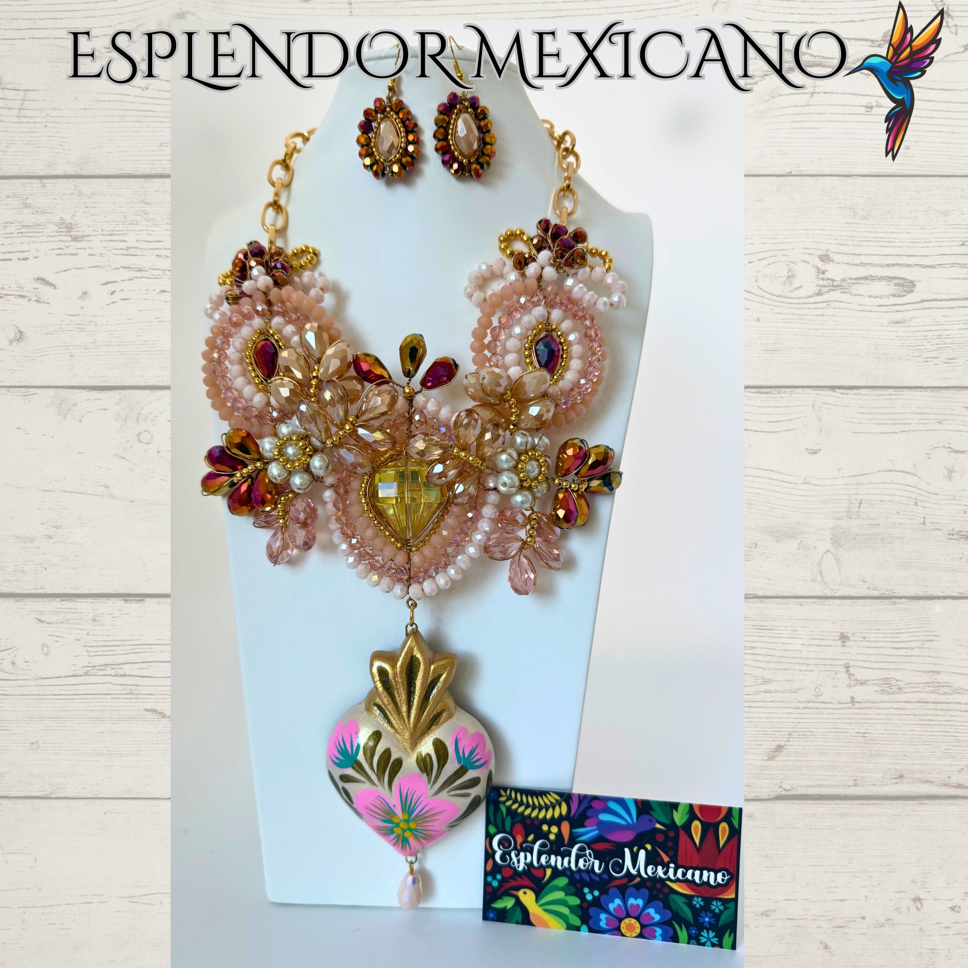 💐 Nude & Golden Floral Necklace Set – Handmade in Mexico